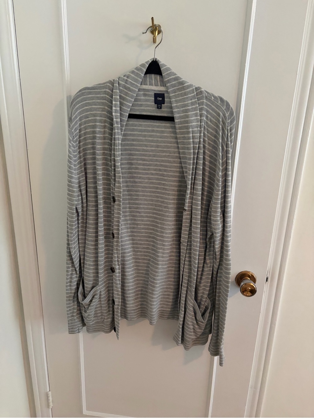GAP Men's Light Gray and White Striped Hooded Cardigan